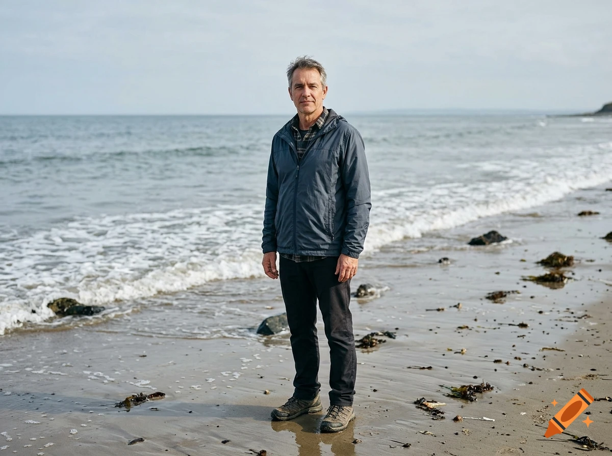 Photorealistic image of a 50-year-old man standing on a sandy beach by the sea.