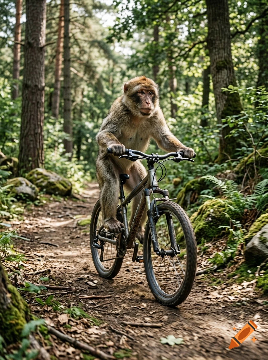 Photorealistic image of a monkey riding a mountain bicycle through a forest trail.