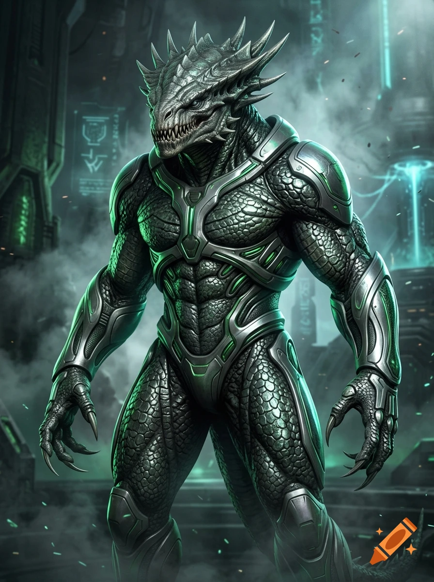 Sci-fi concept art of an 8-foot-tall reptilian alien warrior in glowing armor standing in a futuristic facility.