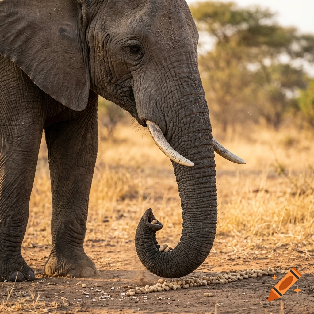 An African elephant using its trunk to pick up peanuts from the ground in a savanna.