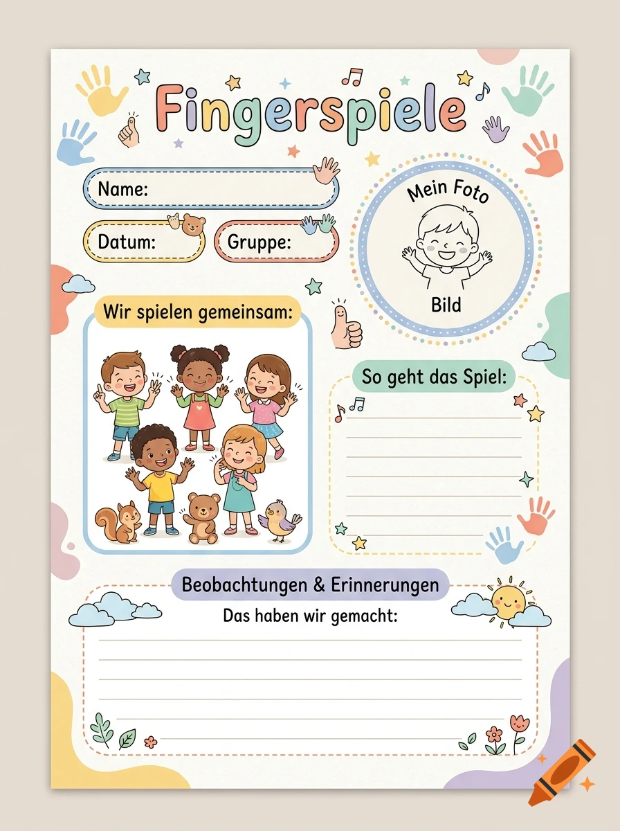 Kindergarten portfolio template with children playing, finger games theme, and placeholders for name, date, and photo, illustrated style.