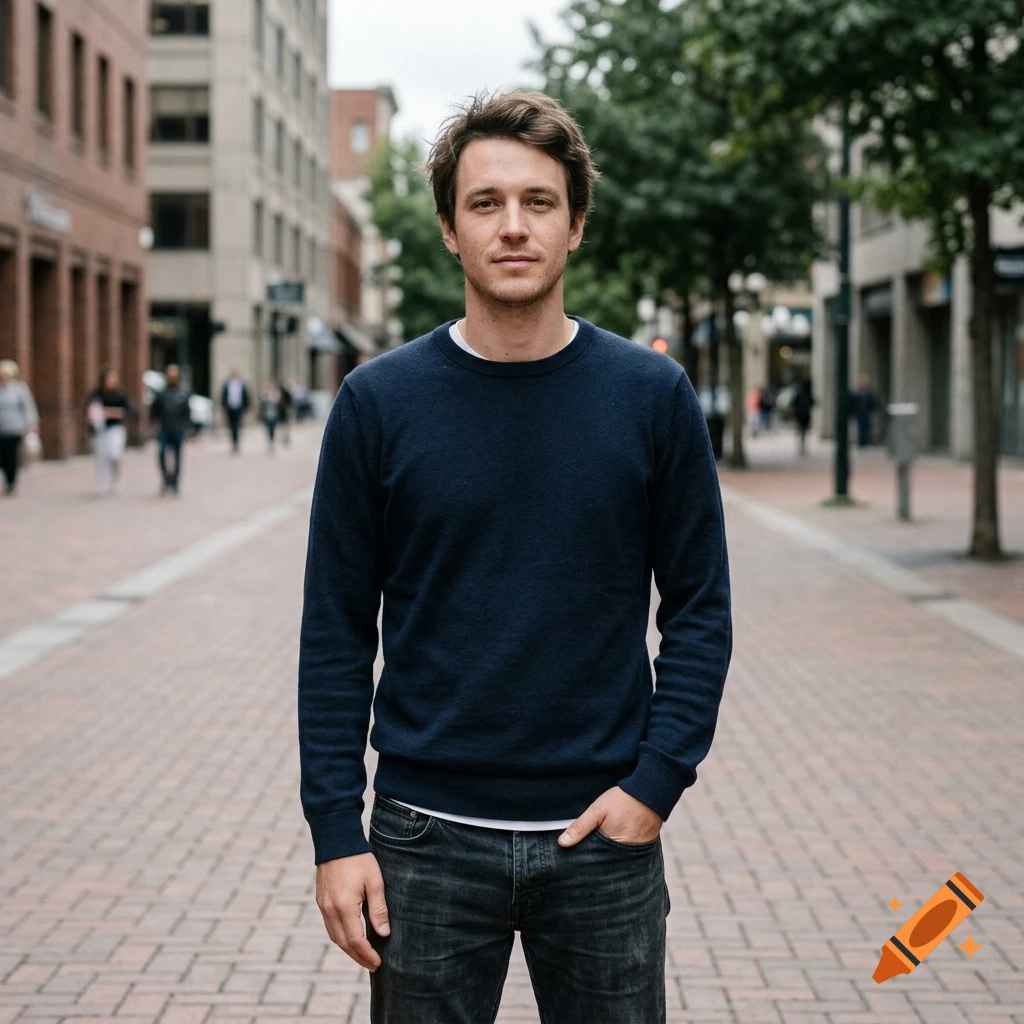 A young man in a blue sweater and jeans standing on a pedestrian street with buildings in the background, photorealistic style.