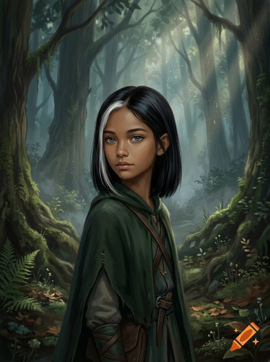 Digital painting of a young girl with black hair, a white streak, and blue eyes, wearing a green hooded cloak in a mystical forest.