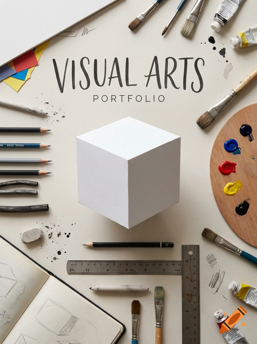 A flat lay photograph of a visual arts portfolio with a central white cube, surrounded by art supplies like paintbrushes, pencils, and a palette.