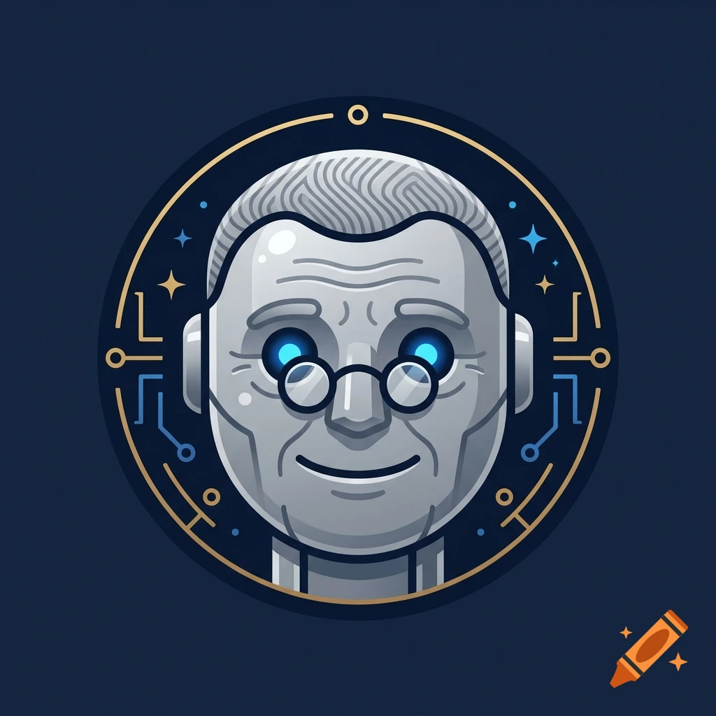 Digital illustration of an old robot's head wearing round glasses inside a circular tech-themed frame.