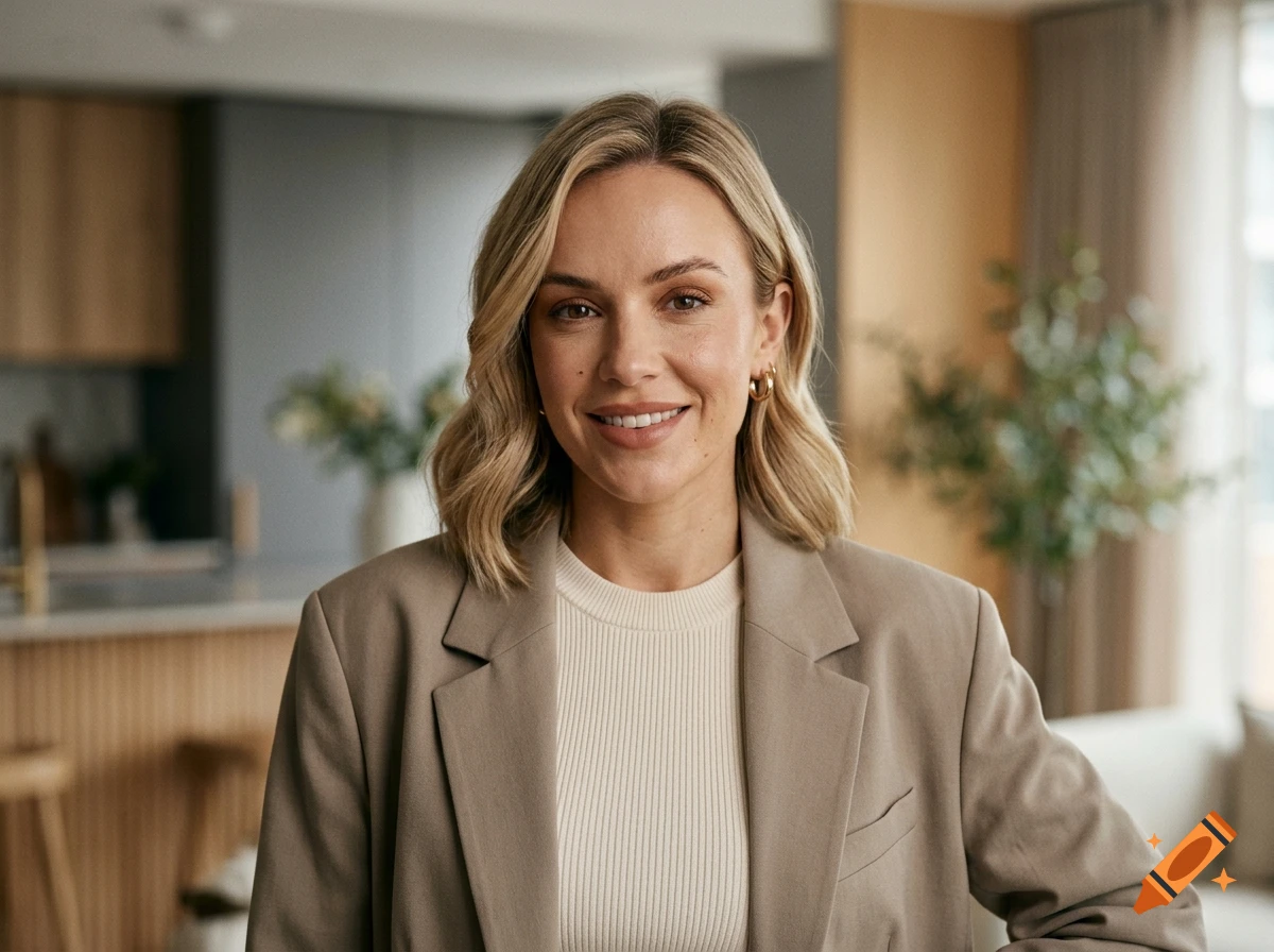Photorealistic medium shot of a smiling blond woman in a beige blazer inside a modern apartment.