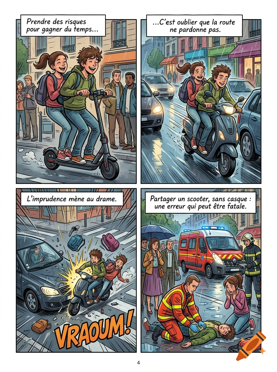 A four-panel comic strip illustrating a scooter accident and its aftermath in a French city, drawn in a graphic novel style.