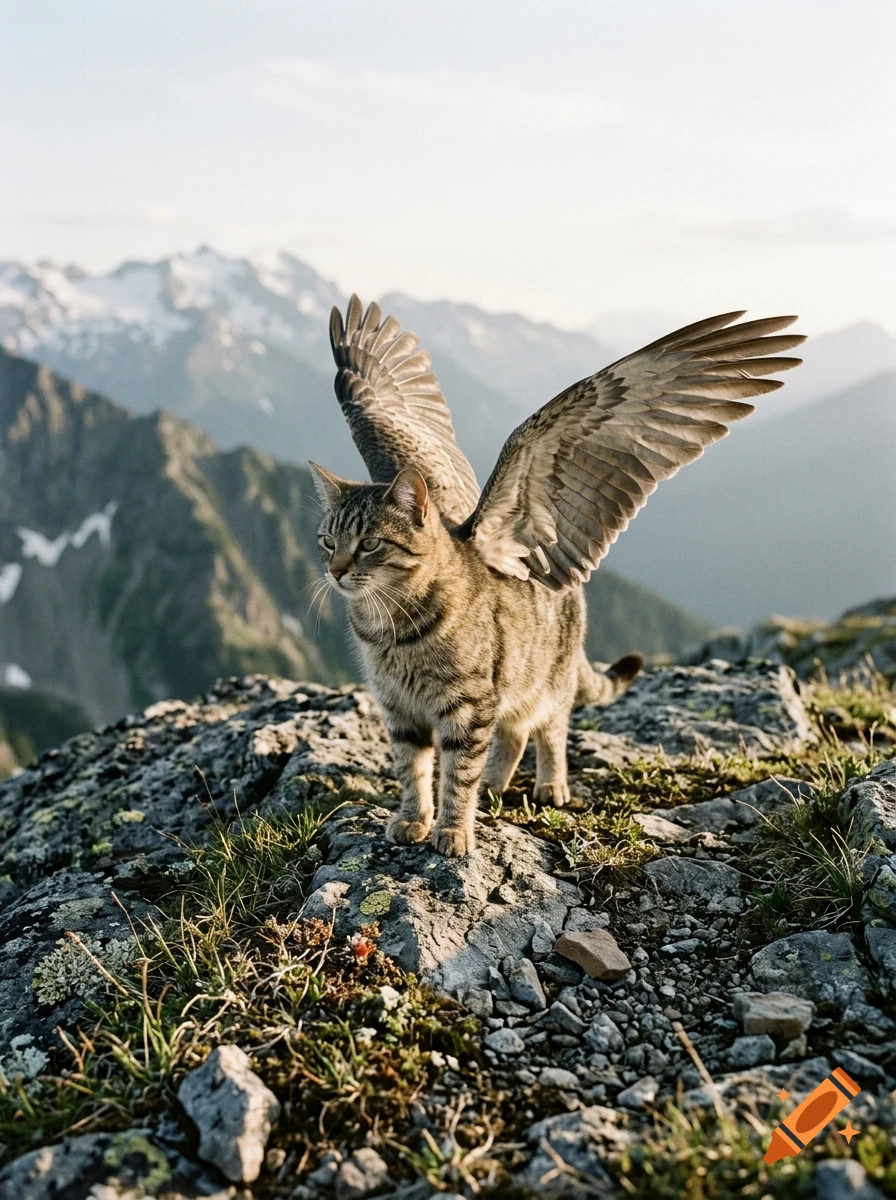 Photorealistic image of a tabby cat with feathered wings standing on a rocky mountain peak.