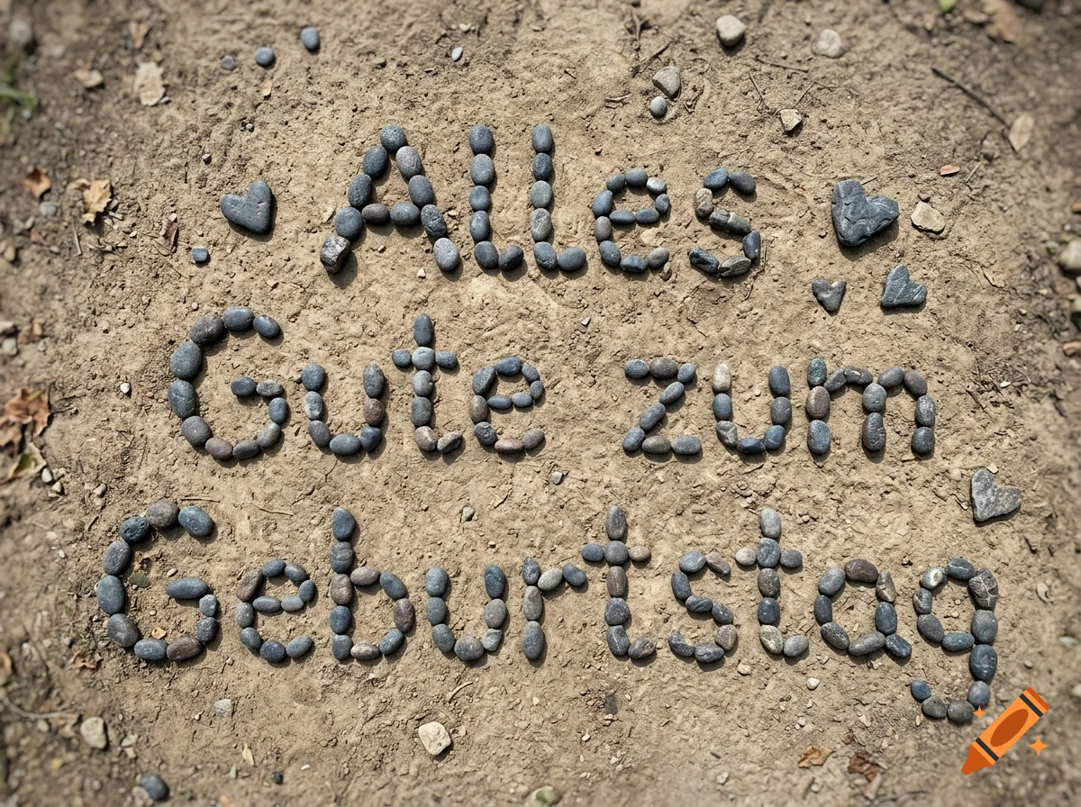 The German text 'Alles Gute zum Geburtstag' spelled out with small dark stones on sandy ground.