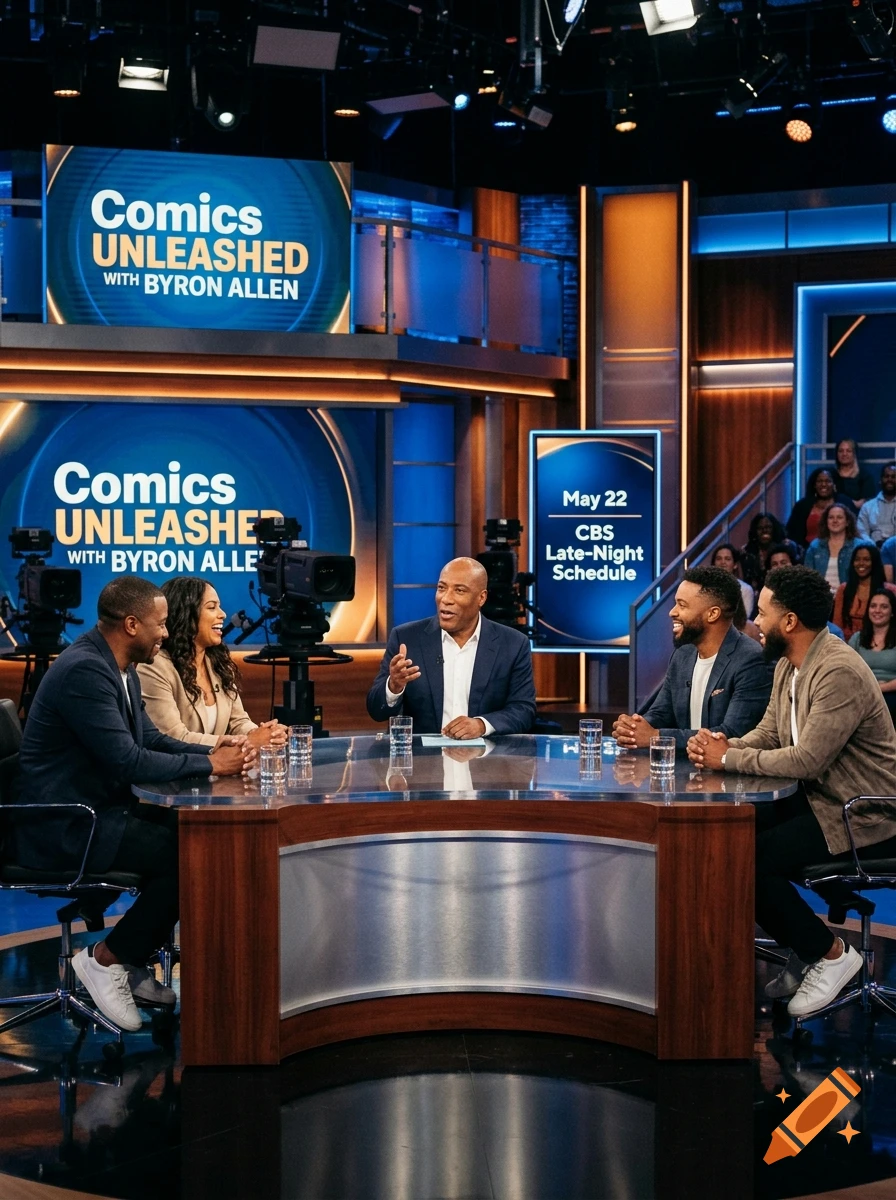 Photorealistic image of a late-night talk show studio with a host and four guests seated around a glass desk.