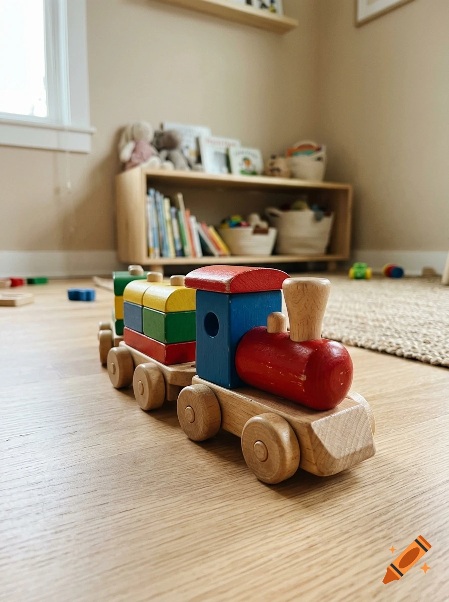 Close-up of a colorful wooden toy train on a wooden floor in a child's playroom, photorealistic.