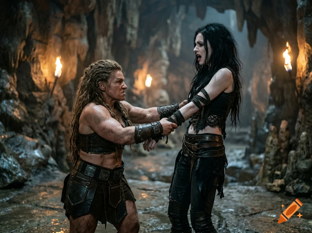 Photorealistic scene of a muscular female dwarf barbarian gripping a screaming goth vampire by the arms in a torch-lit cave.