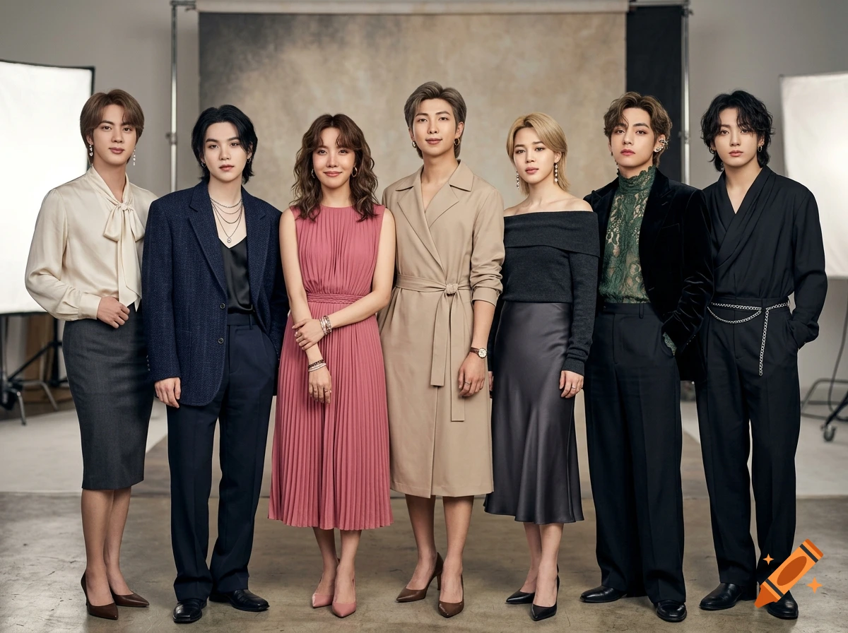 Photorealistic studio portrait of seven men posing together, some wearing dresses and skirts.