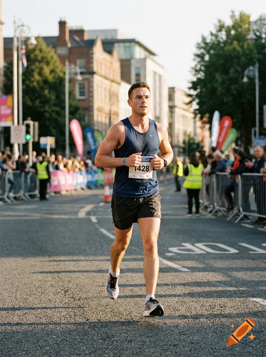 A man wearing a blue tank top and race bib number 1428 runs along a city street during a marathon, with spectators lining the barriers.
