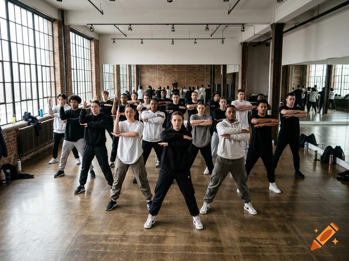 A large group of people practicing martial arts or dance moves inside a spacious studio with large windows and wooden floors.