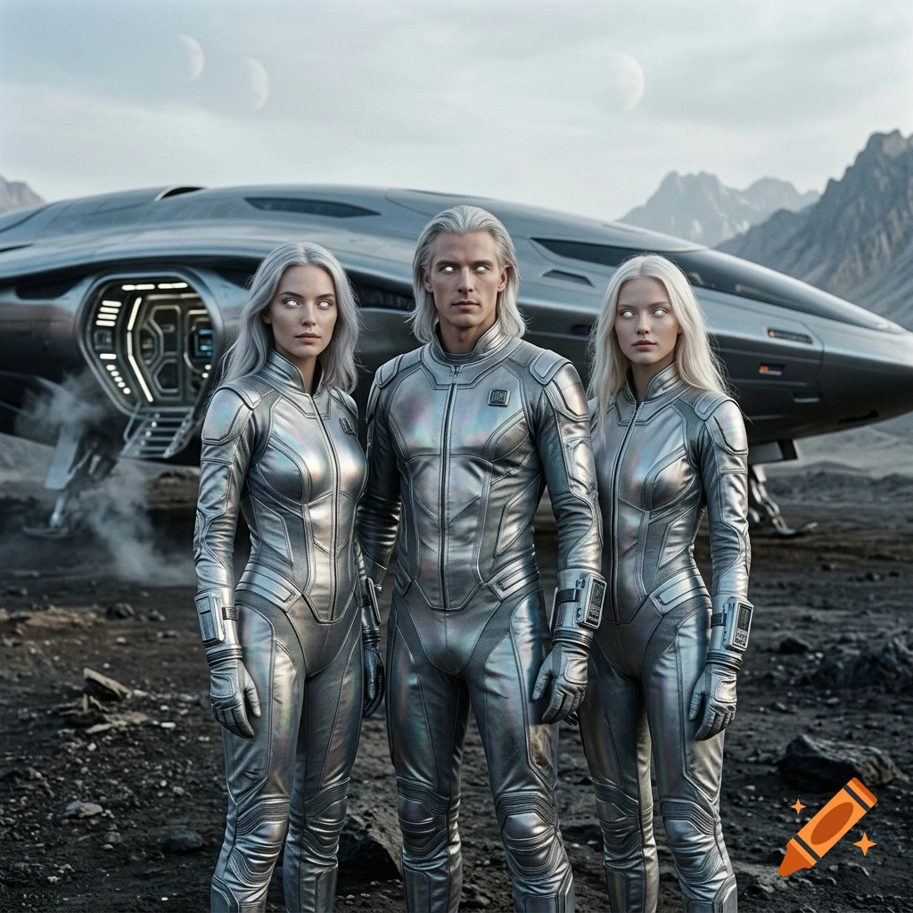 Photorealistic image of a Nordic alien man and two alien women with glowing white eyes, wearing silver space suits in front of a spacecraft on a rocky terrain.