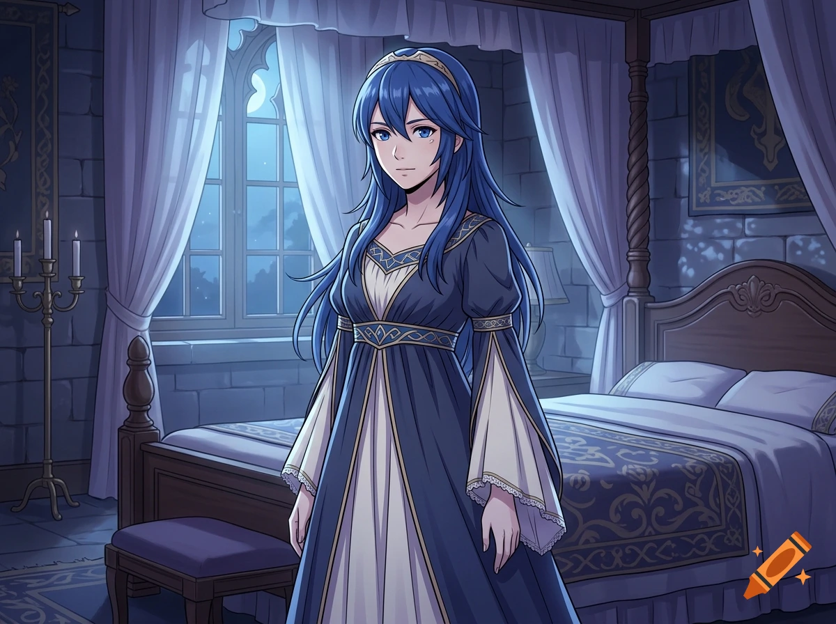 Anime style illustration of Lucina from Fire Emblem wearing a blue nightgown inside a bedroom at night.
