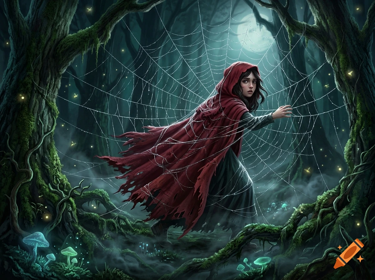 Digital illustration of Little Red Riding Hood in a red hooded cloak, trapped in a large glowing spiderweb inside a dark fantasy forest.
