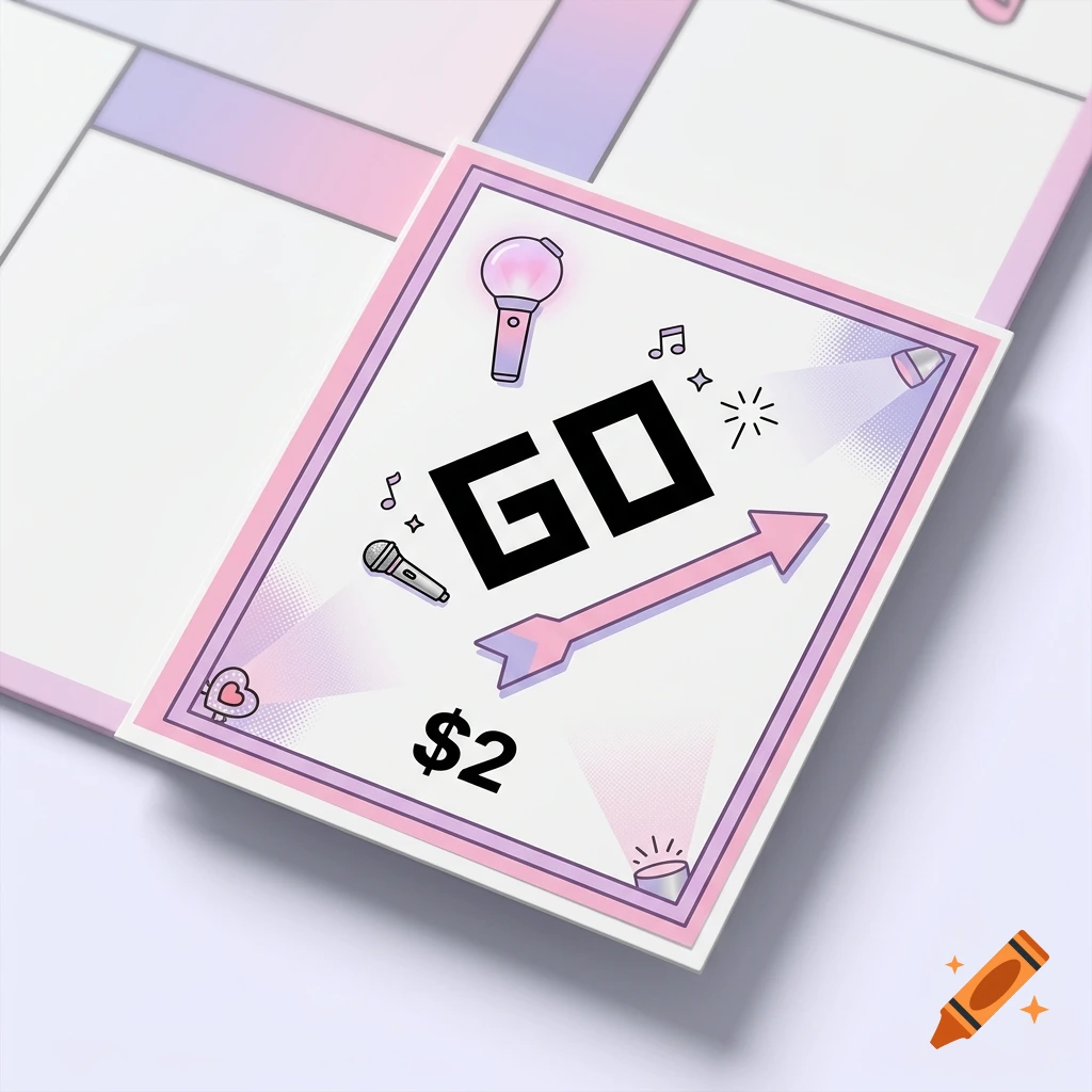 A K-pop themed Monopoly GO board game tile featuring the word 'GO' and '$2' in a pink and white aesthetic.