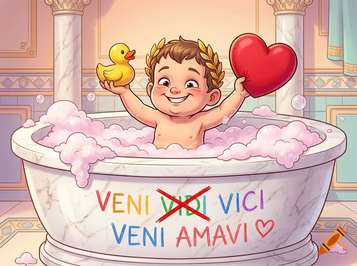 Comic illustration of a happy toddler wearing a laurel wreath in a bubble bath, holding a duck and a heart, with text on the tub.