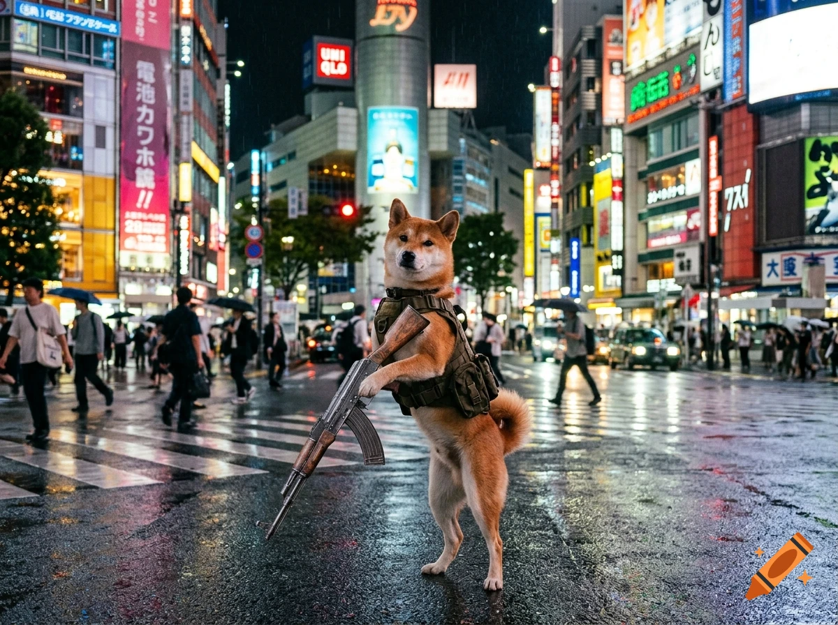 A Shiba Inu dog wearing tactical gear and holding a rifle stands upright in the middle of a busy, wet street in Tokyo at night, surrounded by glowing neon signs and pedestrians.