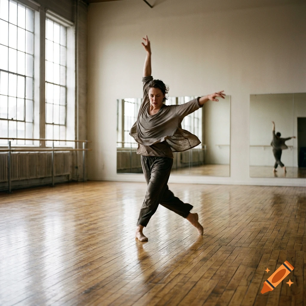 Photorealistic image of a woman dancing gracefully in a spacious dance studio with wooden floors and large windows.
