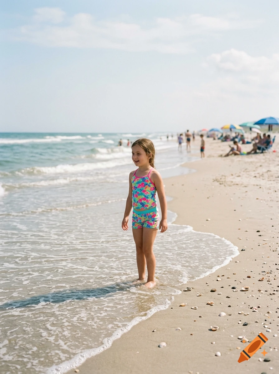 Photorealistic image of a young girl in a colorful two-piece swimsuit standing in the shallow surf at a sandy beach.