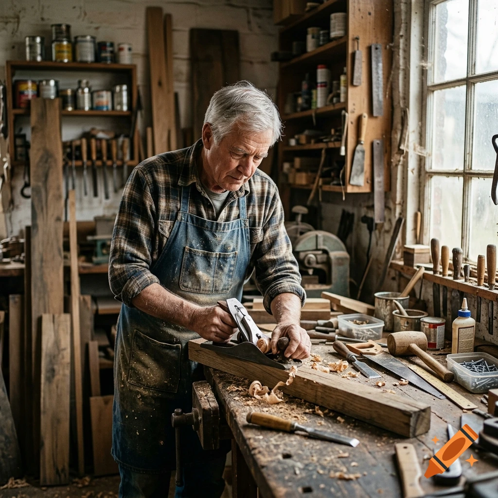 An elderly carpenter in a flannel shirt and apron works with a hand plane on a piece of wood inside a rustic workshop.