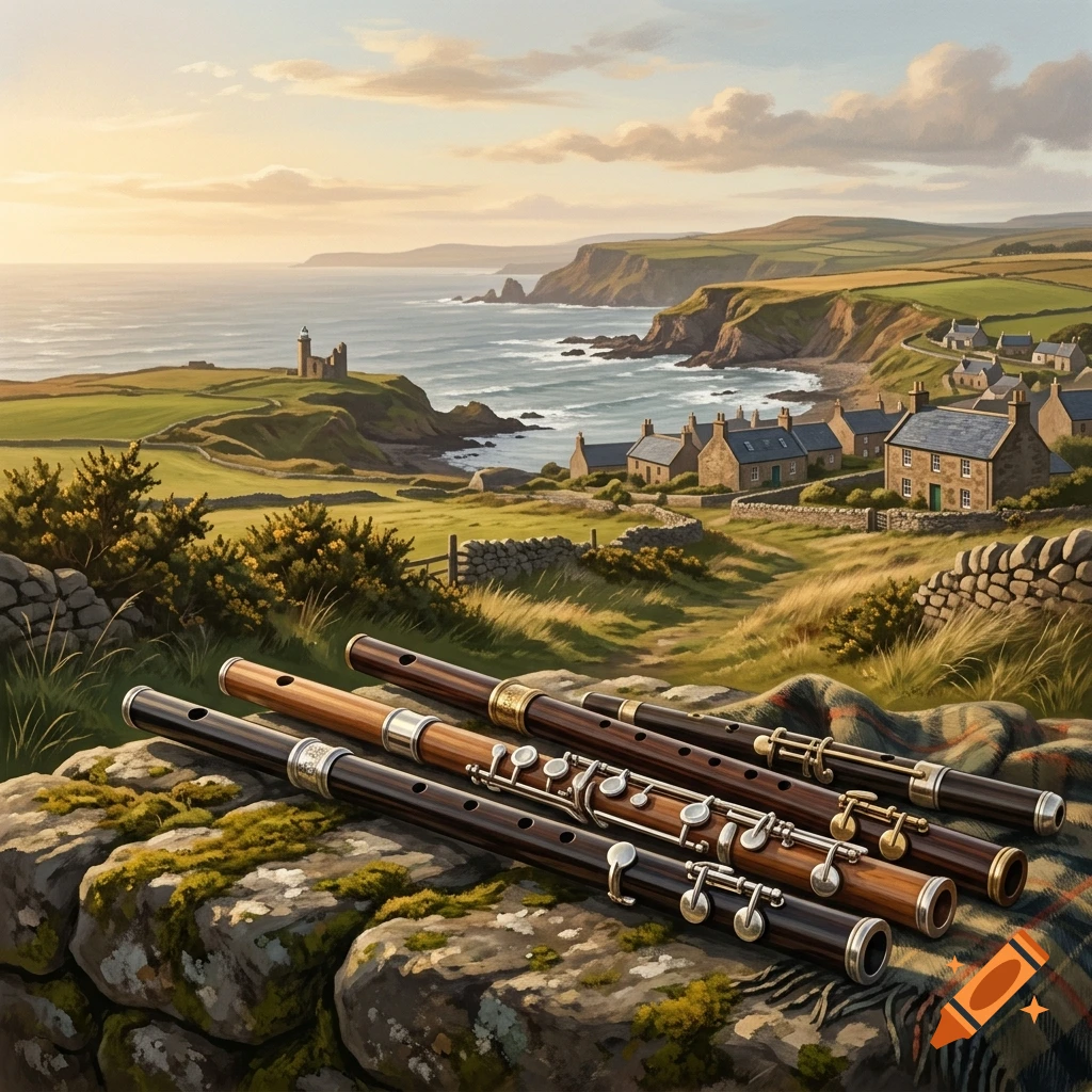 Three wooden flutes resting on a mossy stone wall overlooking a coastal village and ocean landscape.