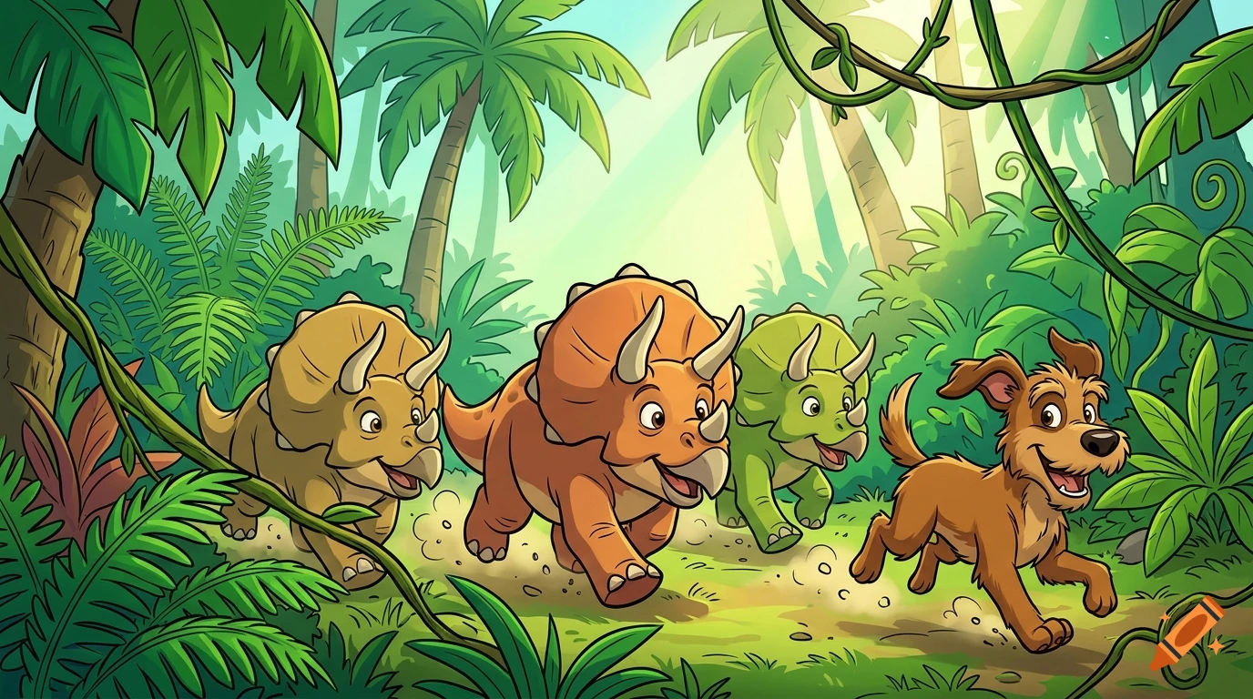 A cartoon illustration of three triceratops dinosaurs and a happy dog running together through a lush prehistoric jungle.