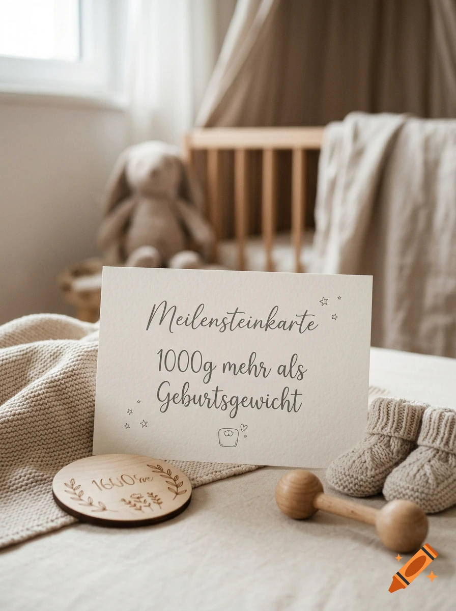 A newborn milestone card reading 'Meilensteinkarte 1000g mehr als Geburtsgewicht' on a bed with knitted baby booties and a wooden rattle.