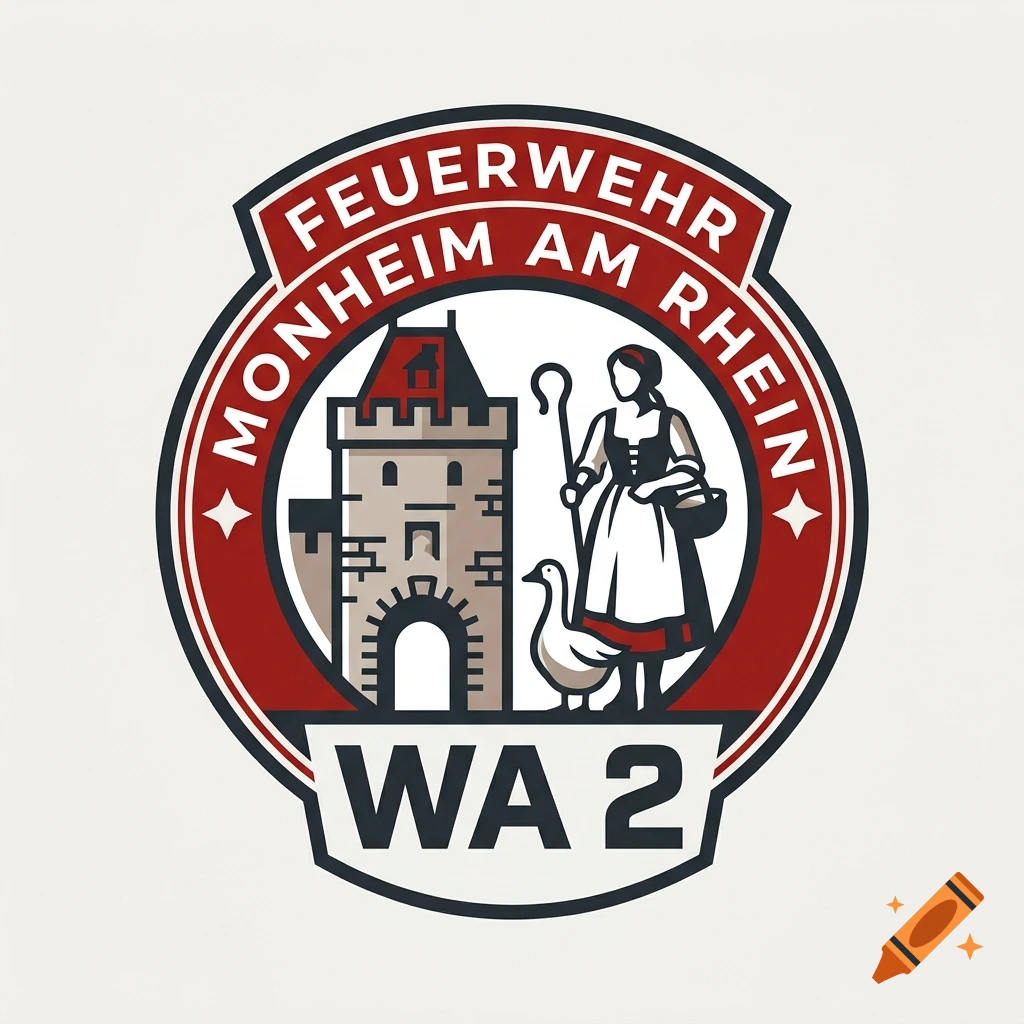 Emblem logo for Feuerwehr Monheim am Rhein featuring a historic tower, a woman, and a goose.