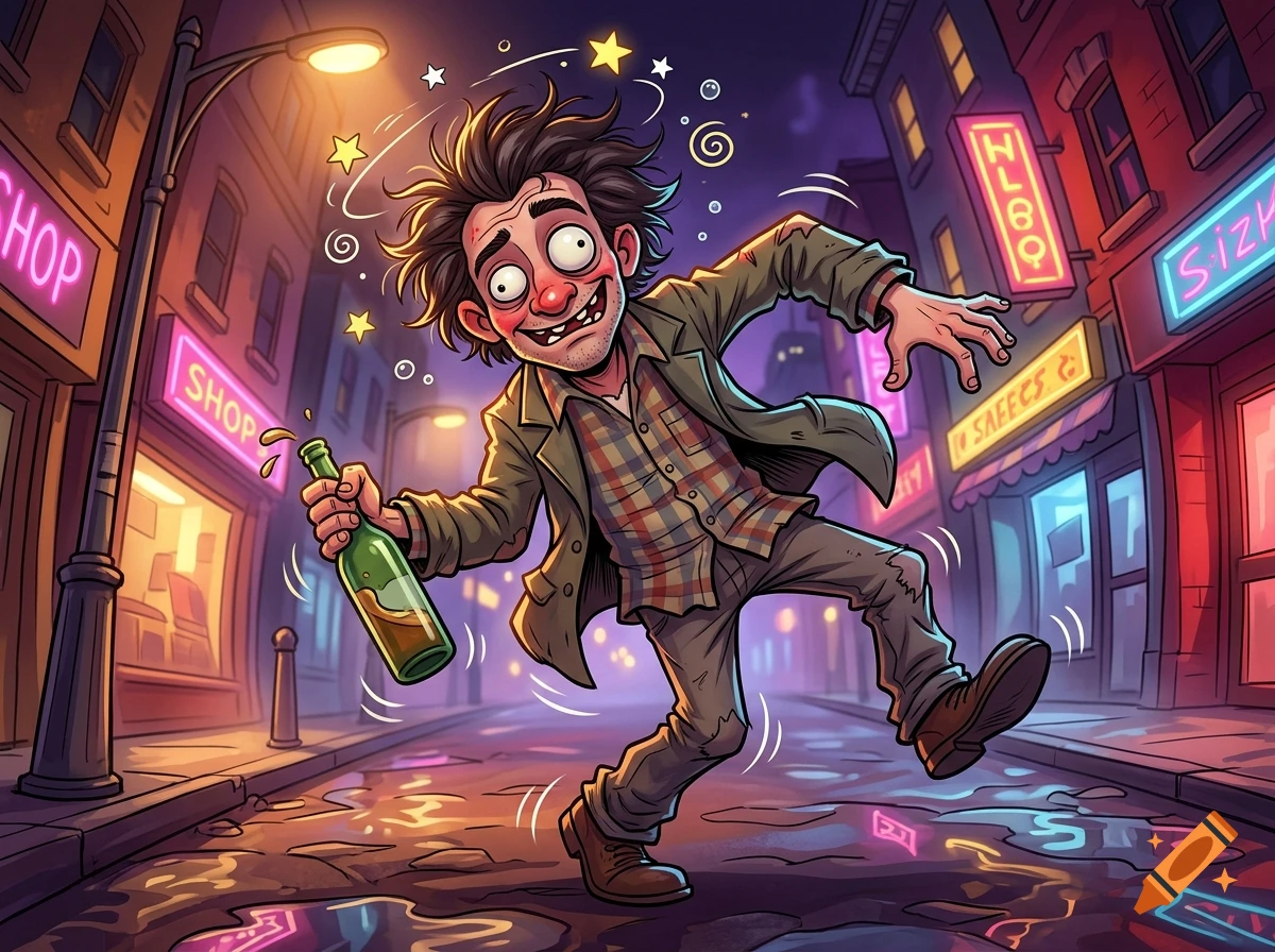 Cartoon illustration of a stumbling, dizzy man holding a liquor bottle in a neon-lit city street at night.