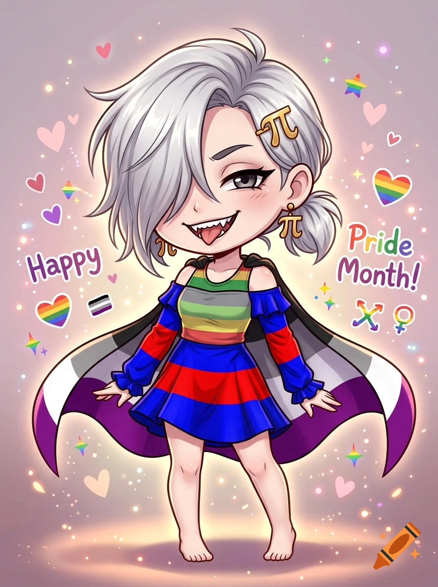 Chibi anime-style illustration of a youthful woman with silver hair, sharp teeth, and a pride flag cape.