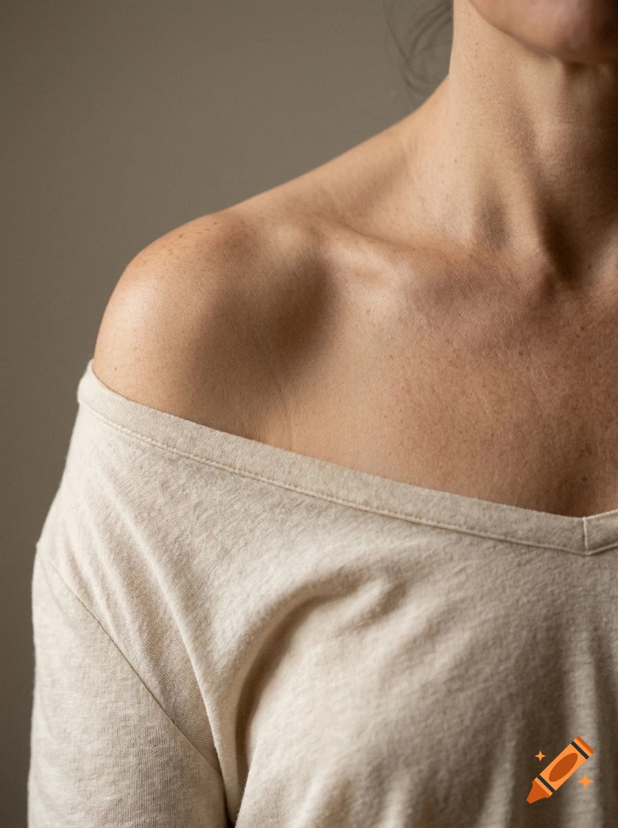 Close-up photorealistic shot of a person's shoulder and collarbone wearing a beige off-the-shoulder top against a neutral background.