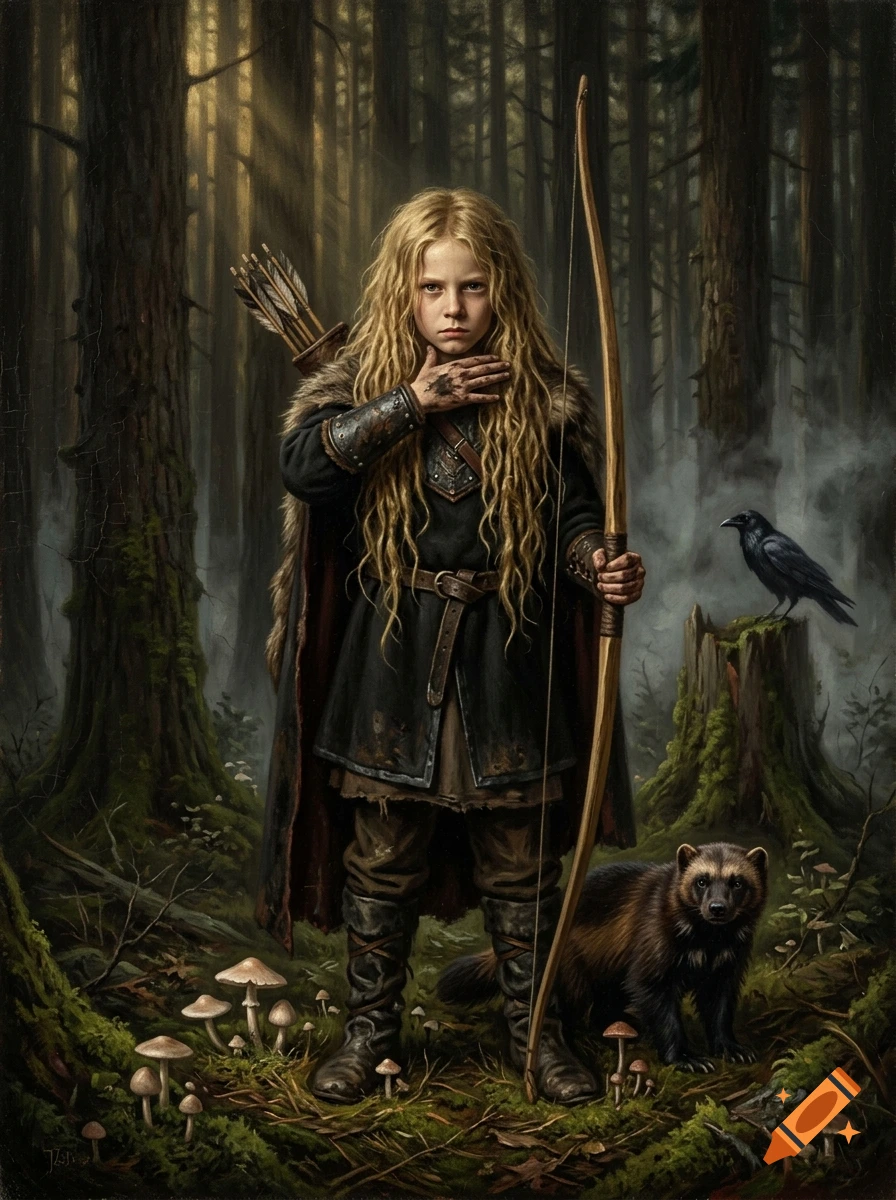 Renaissance oil painting of a serious blonde Viking boy holding a bow in a pine forest, with a wolverine and crow.