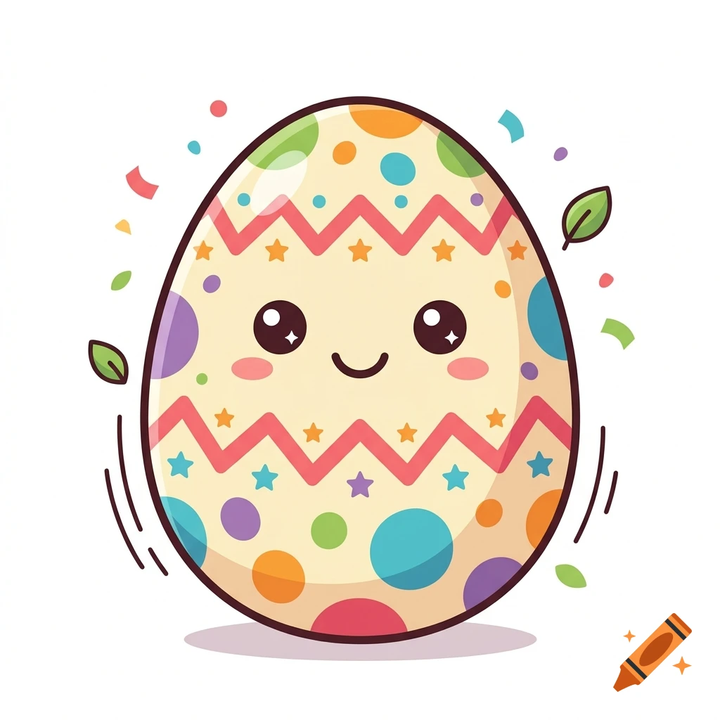 Cute colorful patterned dinosaur egg with a happy face in cartoon style on white background