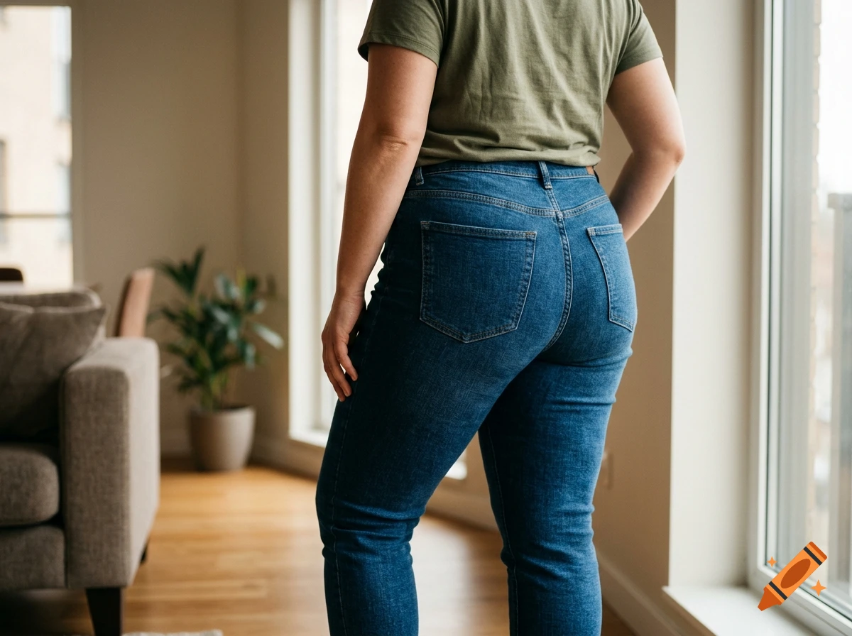 A person viewed from behind wearing a green t-shirt and blue jeans, standing indoors near a large window.