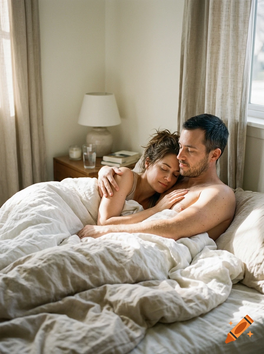Photorealistic image of a couple cuddling in bed under neutral-toned linen blankets.