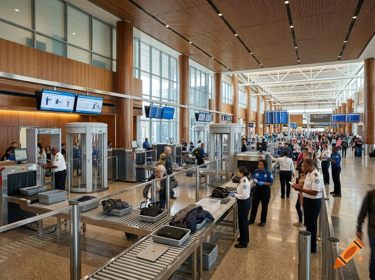 A bustling airport security checkpoint with travelers putting belongings on conveyor belts and security personnel assisting passengers.