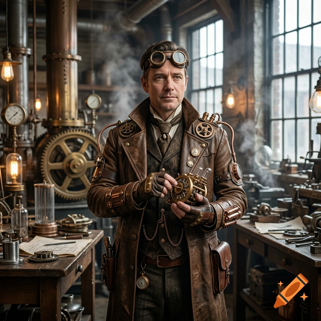 Photorealistic medium shot of a steampunk inventor holding a mechanical device in a workshop filled with gears and machinery.