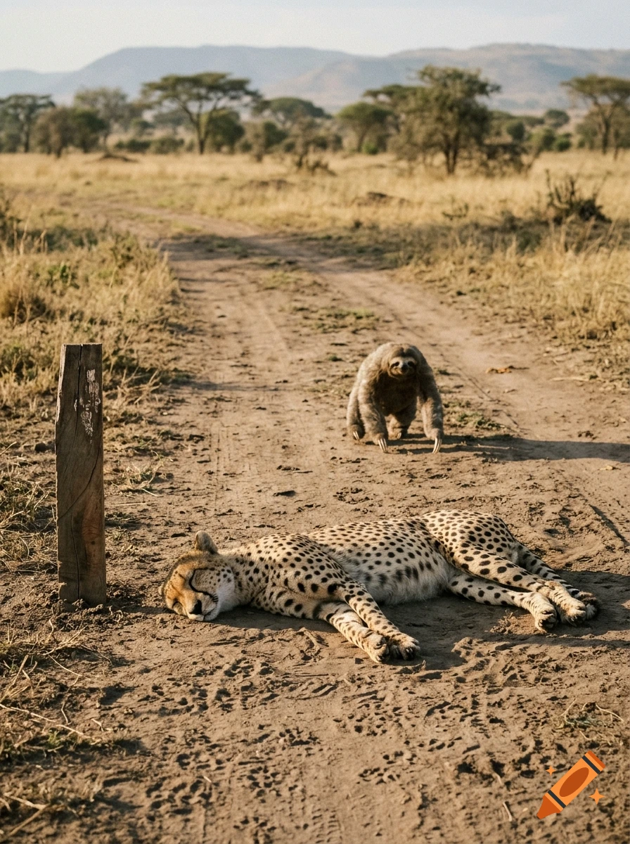 Photorealistic image of a cheetah napping on a dirt road while a slow-moving sloth walks up behind it in an African savanna.