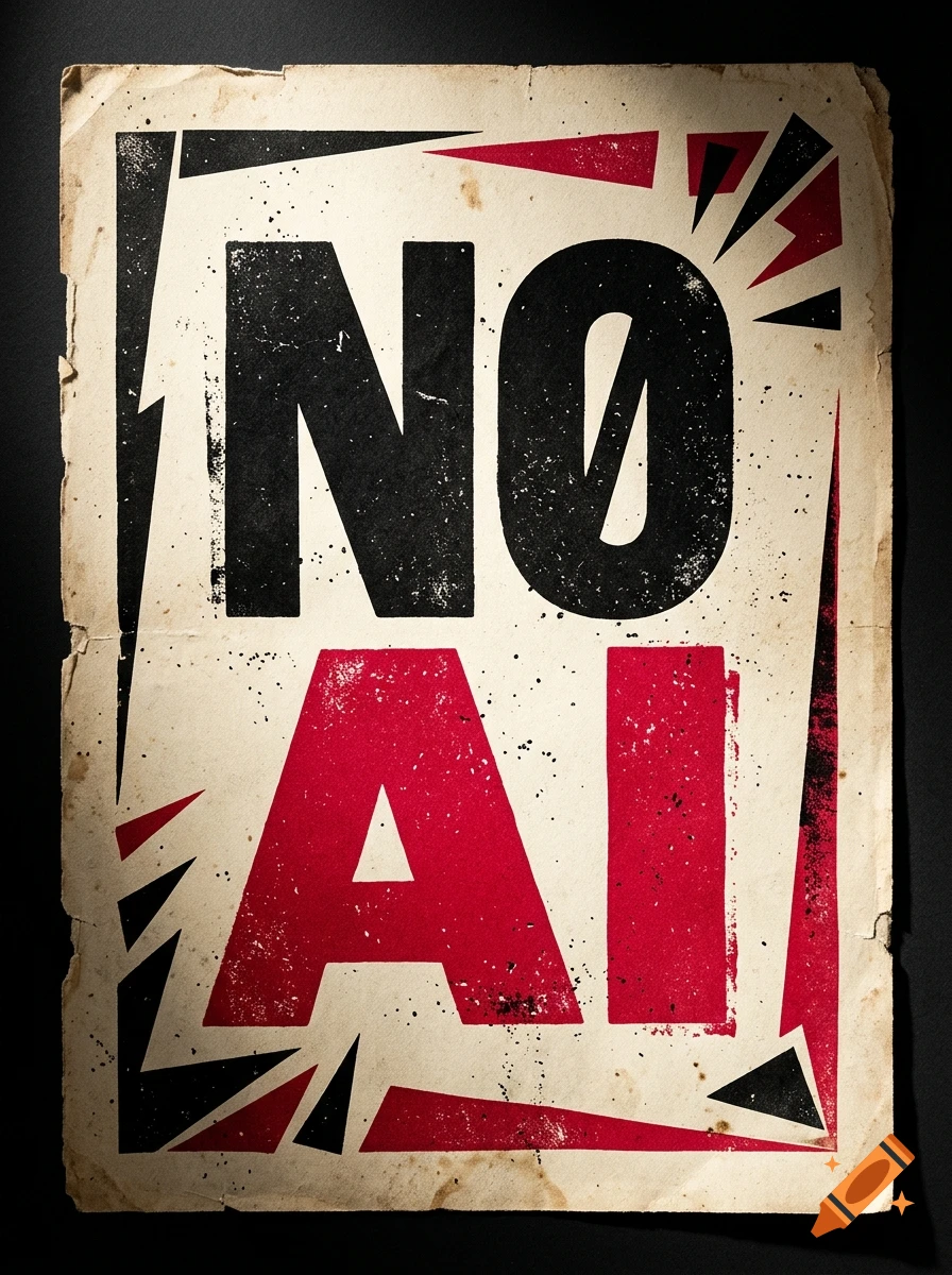Vintage styled poster with bold black and red text reading NO AI on aged paper.