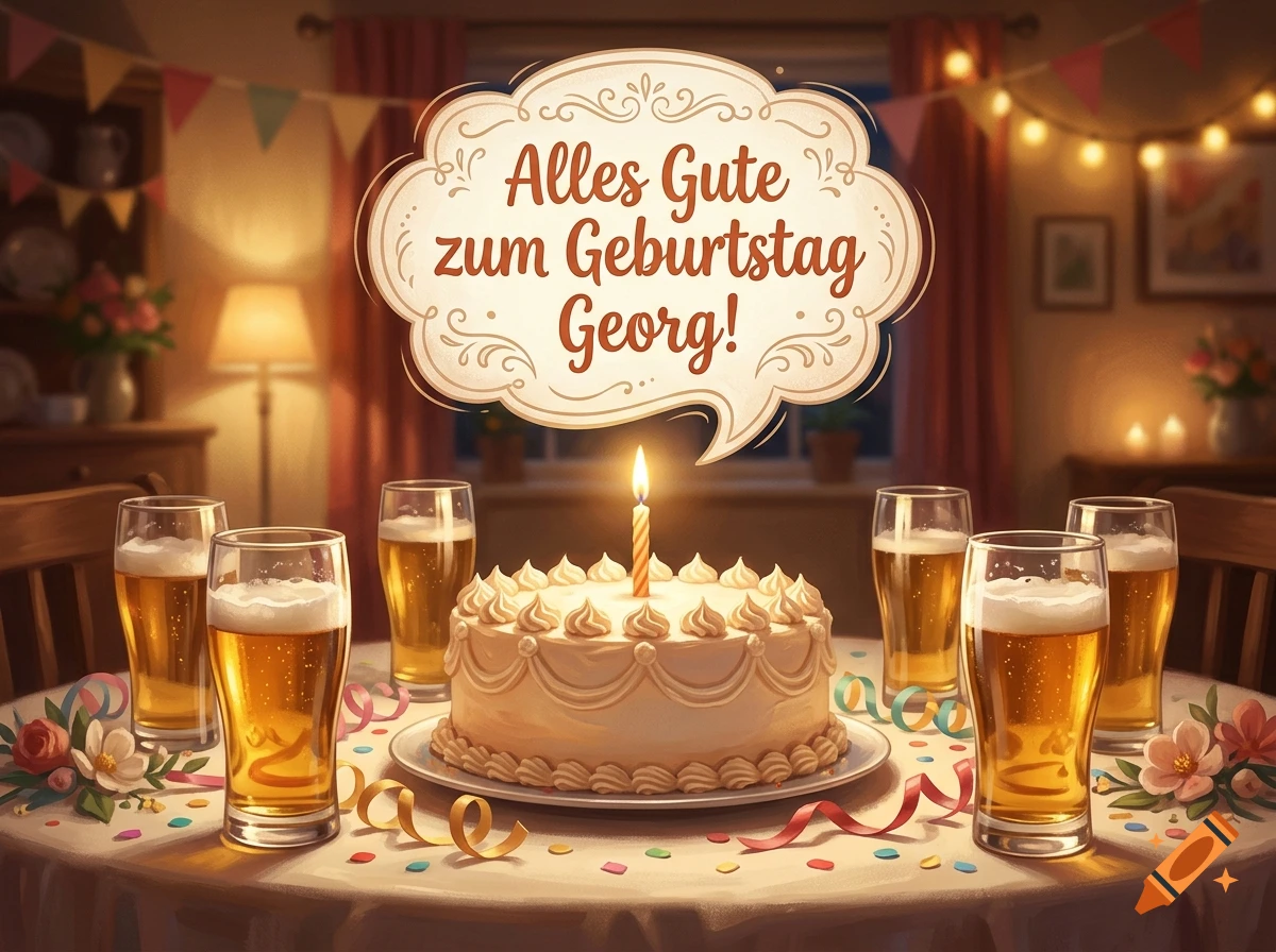 A decorated birthday cake with a single candle and glasses of beer on a festive table with a speech bubble saying Alles Gute zum Geburtstag Georg!.