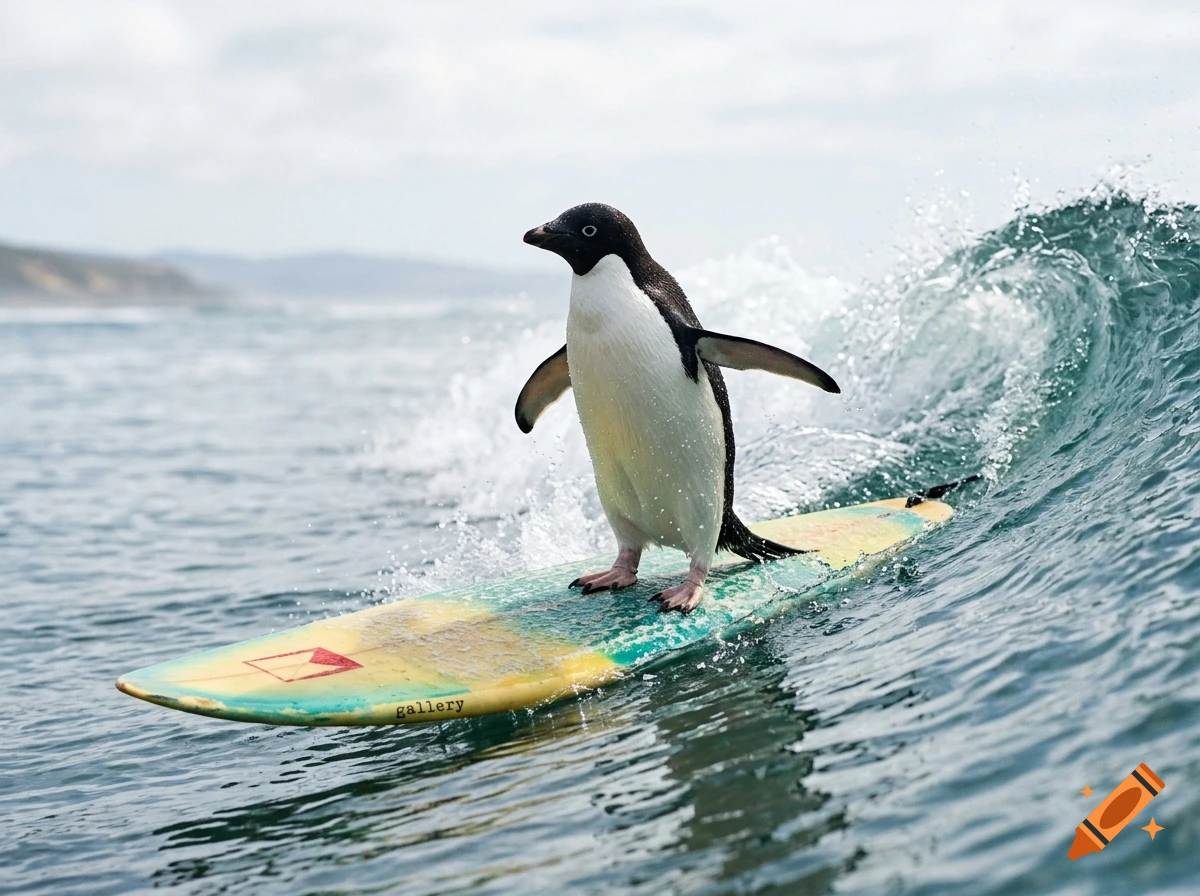A penguin riding a surfboard on a wave in the ocean.