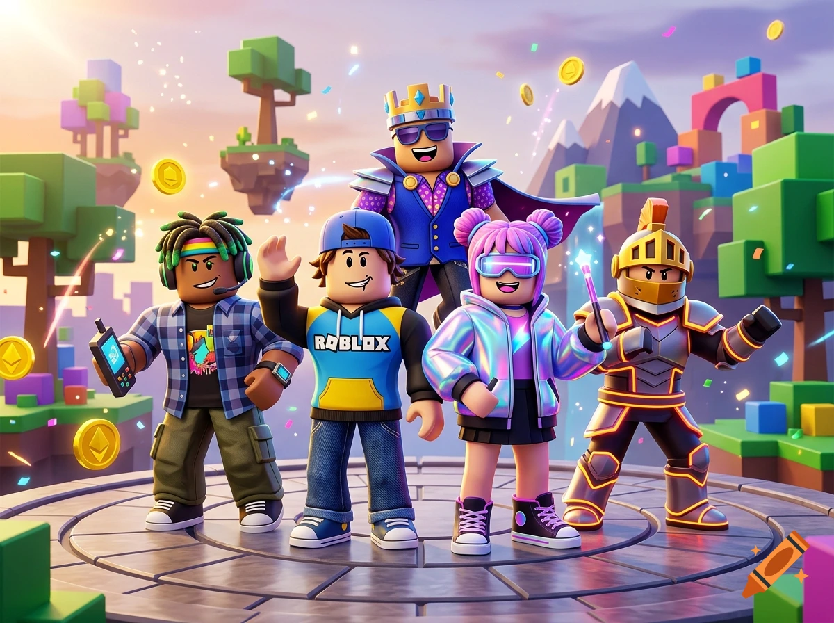 Digital illustration of four colorful Roblox avatars posing together in a blocky virtual world.