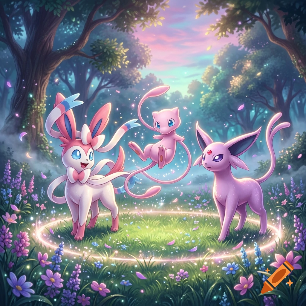 Sylveon, Mew, and Espeon gather in a magical, glowing forest clearing filled with colorful wildflowers.