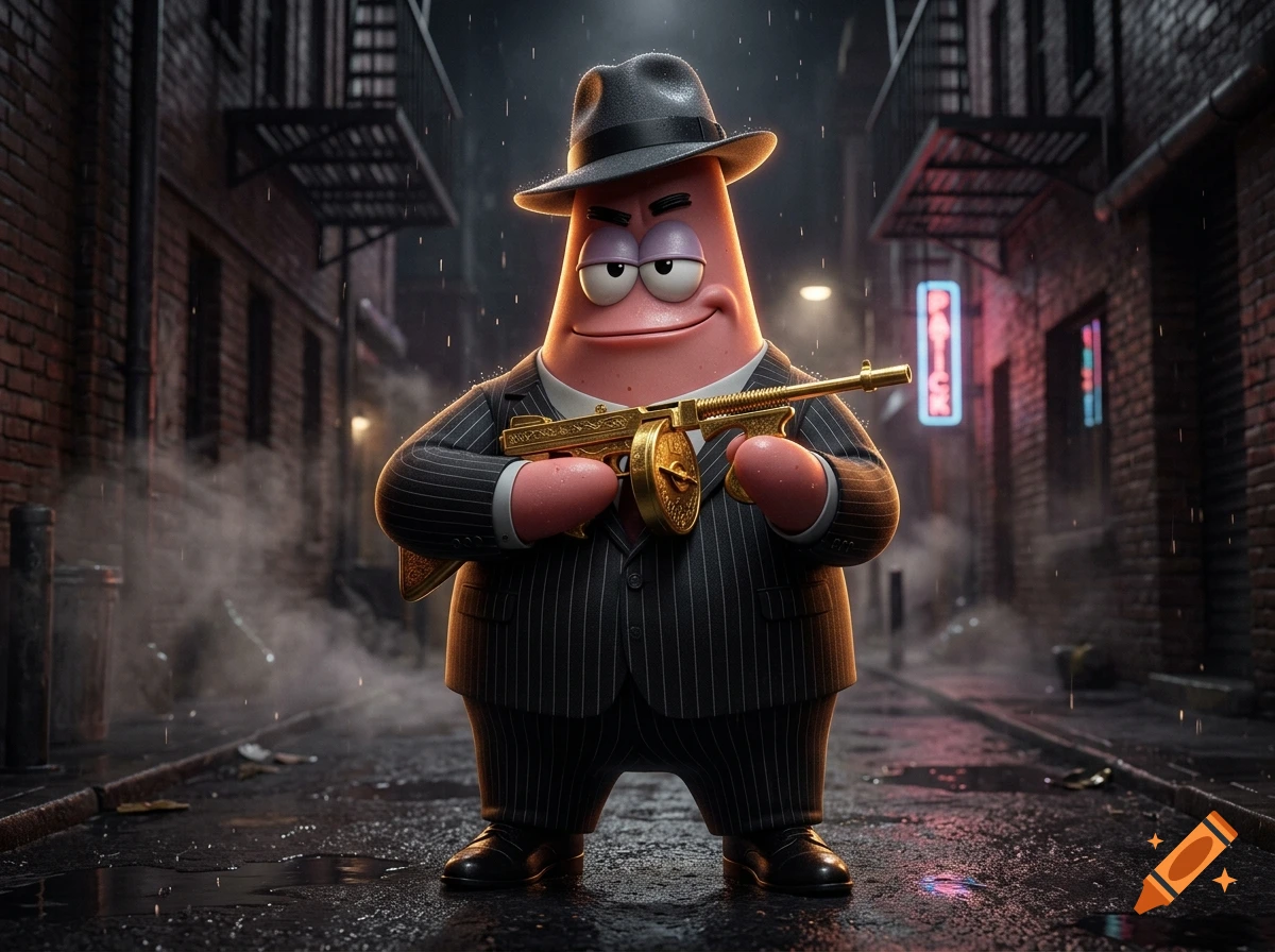 3D digital art of Patrick Star from SpongeBob dressed as a 1920s gangster in a pinstripe suit and fedora, holding a golden Tommy gun in a dark alley.