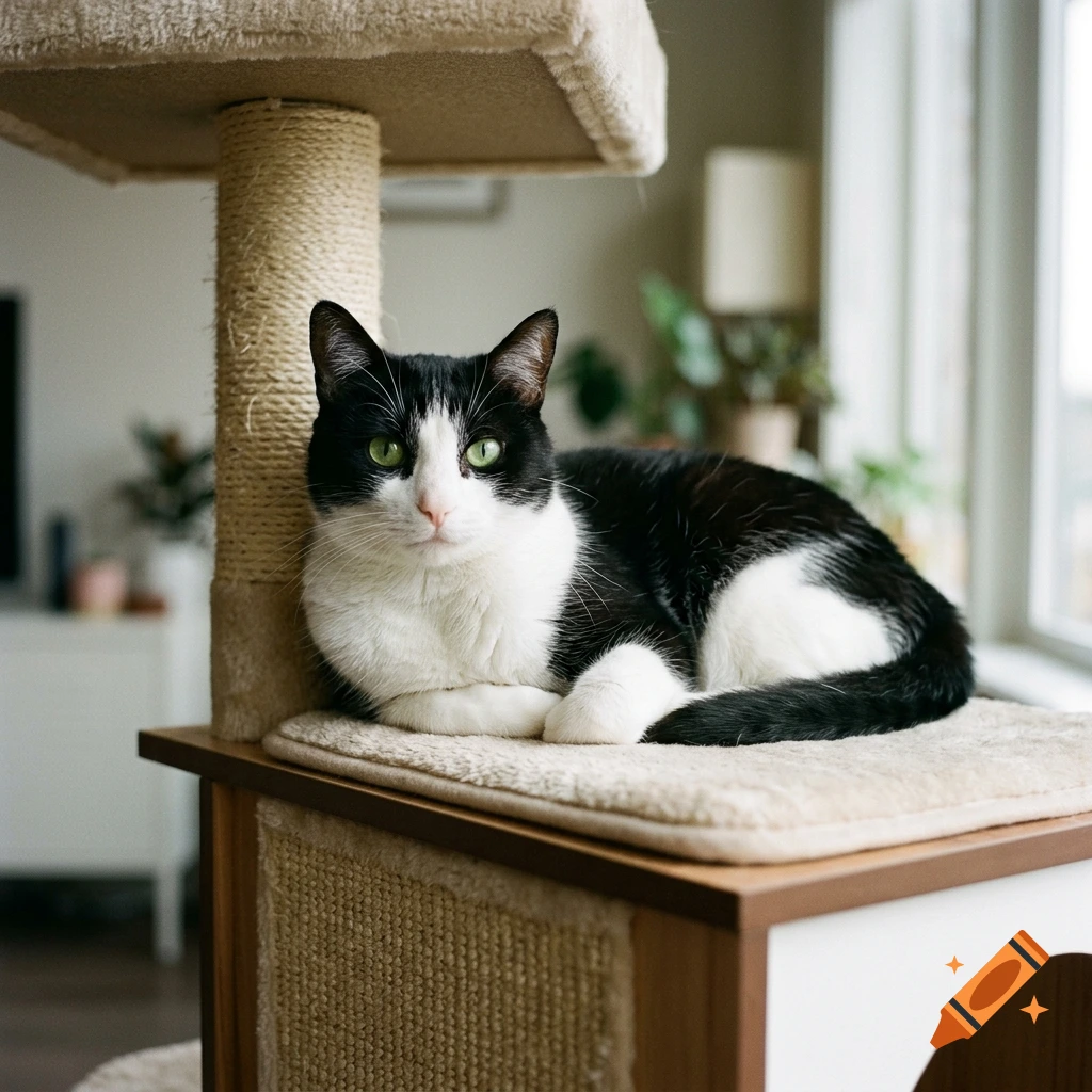 Photorealistic image of a black and white cat with green eyes resting on a scratching post in an indoor setting.
