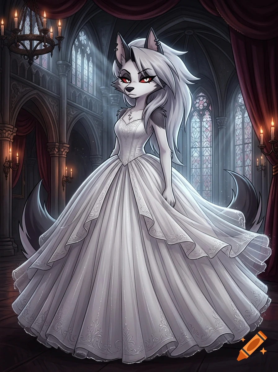 Digital illustration of Loona from Helluva Boss in a grand gothic cathedral wearing a large white wedding dress.